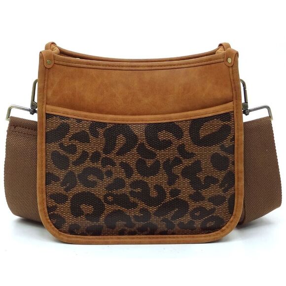 Handbags - Women's Trendy Leopard Print Tan Colorblock Guitar Strap Hobo Crossbody Bag